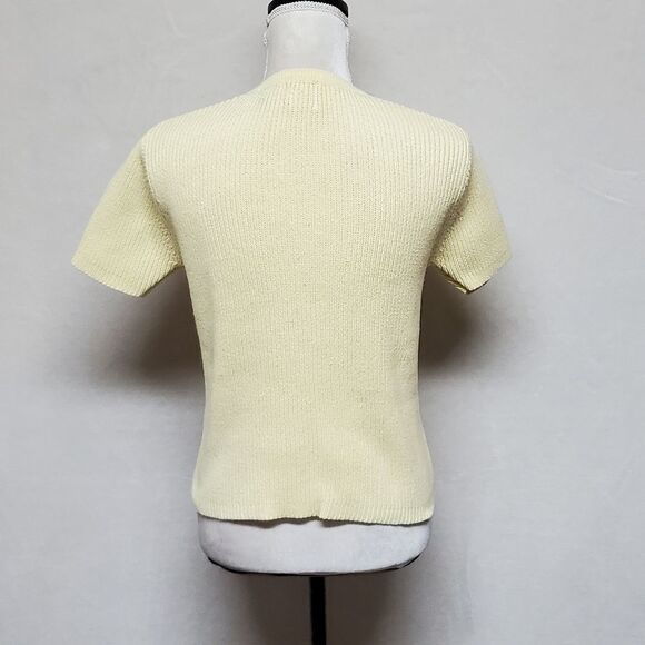VINTAGE 1990s GAP Butter Yellow Ribbed V-neck Short Sleeve Cropped Sweater Large - Picture 8 of 11